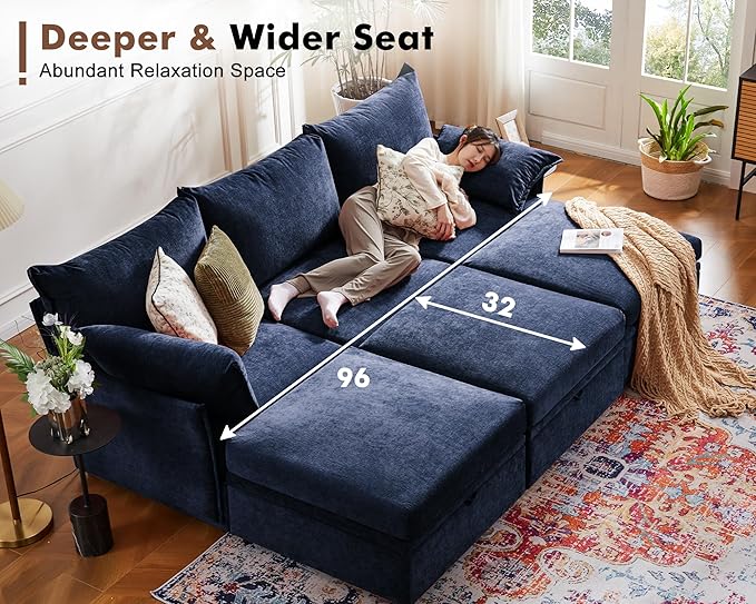102.6" Luxury Modular Sleeper Sofa Bed 6 Seat Reversible Sectional Couch Deep Seat with Storage Chaises Removable Cover for Living Room, Apartment - Chenille Blue