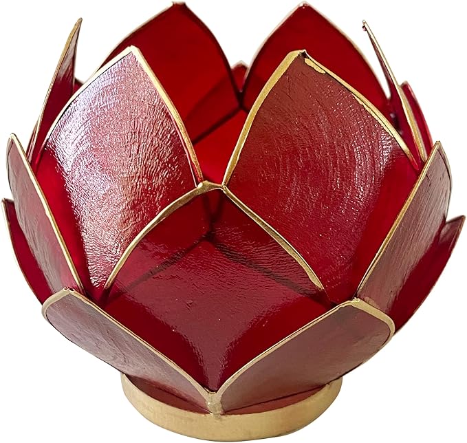 Blooming Lotus Capiz Shell Tealight Candle Holder, Handcrafted Decorative Tea Light Candleholder with Translucent Flower Petals for Ambient Illumination and Natural Elegance, Red
