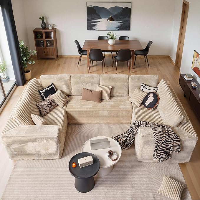 Cloud Sectional Couches for Living Room,U Shaped Modular Sofas No Assembly,135x79 Inches Plush Corduroy Oversized Floor Couch Set with Deep Seat Chaise,Beige