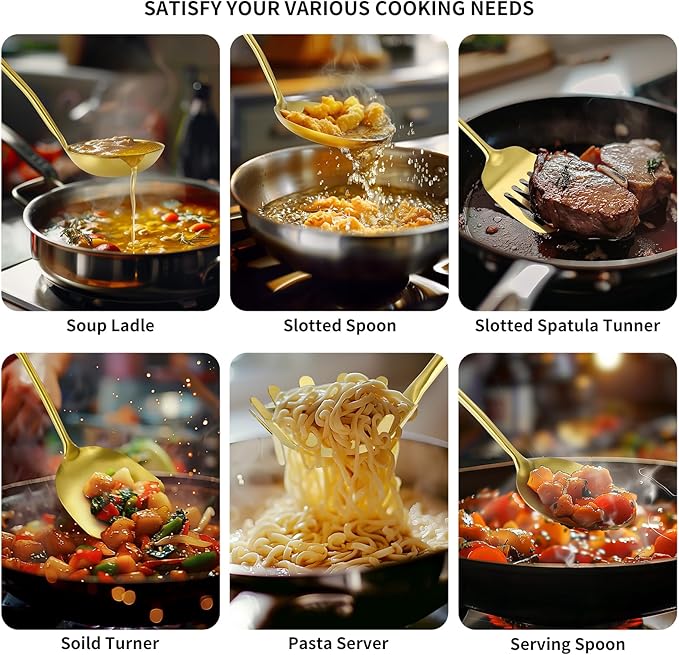 304 Stainless Steel Cooking Utensils,6 Pcs Kitchen Cooking Utensils Set with Spatula, Solid Spoon, Ladle, Skimmer, Spaghetti Spoon,Dishwasher Safe(Gold)