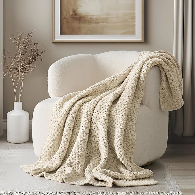 Chunky Chenille Knit Throw Blanket for Couch, Soft Luxurious Moss Stitch Blankets for Bed, Cozy Decorative Farmhouse Knitted Throws for Sofa, Beige, 60" x 80"