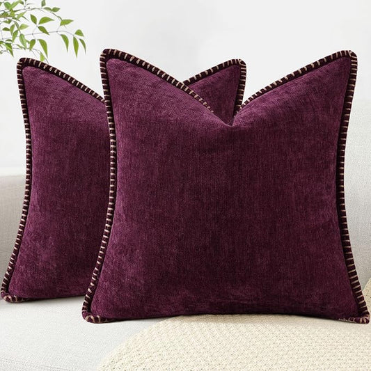 decorUhome Chenille Soft Throw Pillow Covers 22x22 Set of 2, Farmhouse Velvet Neutral Decorative Euro Pillow Covers with Stitched Edge for Couch Sofa Bed Home Decor, Rhododendron