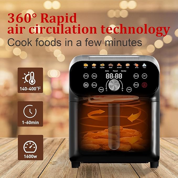 6.3QT Air Fryer Oven with LED Digital Touchscreen, 12 Preset Cooking Functions Air fryers, Bake, Reheat, Keep Warm, Nonstick and Dishwasher-Safe Basket, Stainless Steel/Black