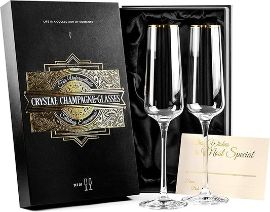 Gold Rim Champagne Gift Glasses | Set of 2 | Crystal Square Toasting Flutes for Bride and Groom, Wedding, Anniversary, Birthday | Elegant Long Stemmed Glassware for Sparkling Wine, Prosecco