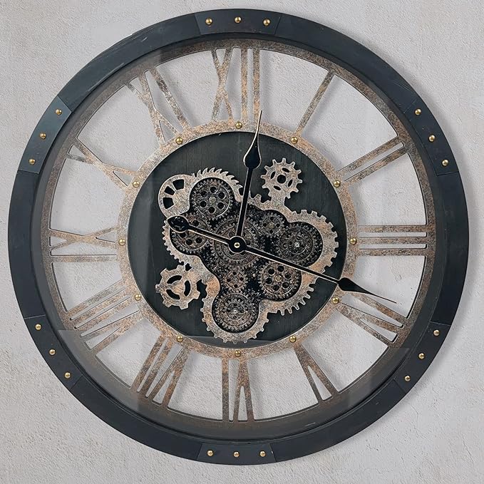 DORBOKER 24" Large Wall Clock with Moving Gears,Oversize Vintage Industrial Rustic Farmhouse Clocks for Living Room Decor Office Home,Solid Wood HD Tempered Glass Cover,Vintage Black