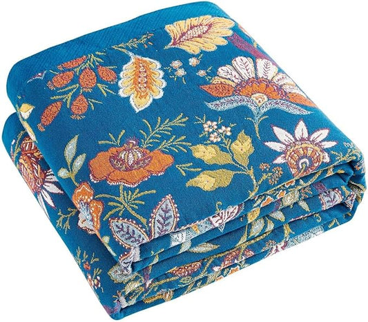 Fall Throw Blanket for Couch, Blue Boho Decorative Throw Blanket, 100% Cotton Muslin Breathable Woven Farmhouse Blankets Quilt, 80"x90" Reversible Lightweight Blankets Bohemian Throw Quilt