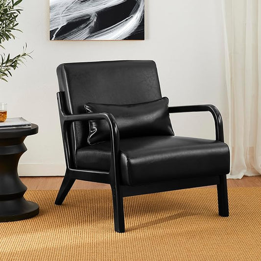Glitzhome Accent Armchair with Walnut Ruberwood Frame, Black PU Leather Lounge Chair for Living Room