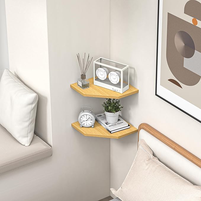 Corner Shelf Wall Mount, Floating Corner Shelves, Set of 2 Corner Wall Shelf Organizer, Rustic Wood Wall Storage Display Shelves for Living Room Bedroom Bathroom Kitchen, Rustic Brown, Oak