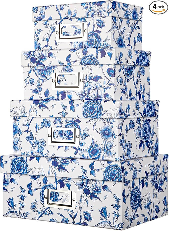 Briful Decorative Photo Storage Boxes with Lids, Set of 4 – Blue and White Porcelain Pattern, Nested Card Storage Box Organizer, Decorative Paperboard Box for Closet, Office, Gifts