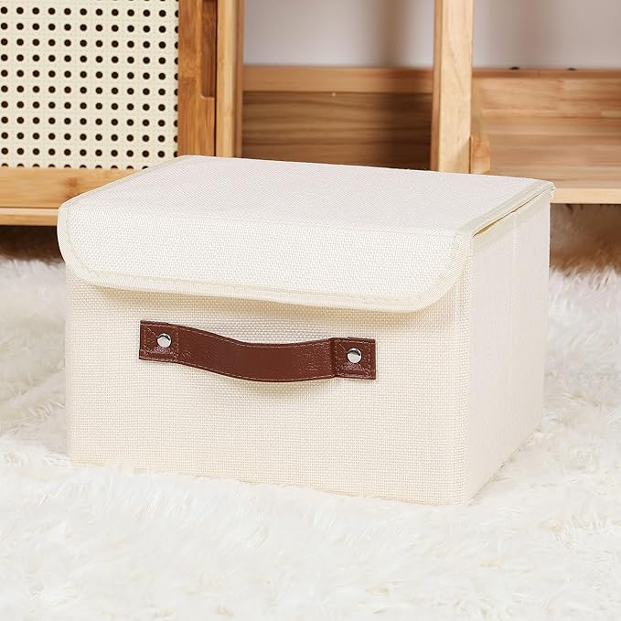 ANMINY Storage Bin with Lid Storage Boxes with PU Leather Handles PP Plastic Board Decorative Foldable Lidded Cotton Linen Fabric Home Cubes Baskets Closet Organizer Container - Beige, Small Size