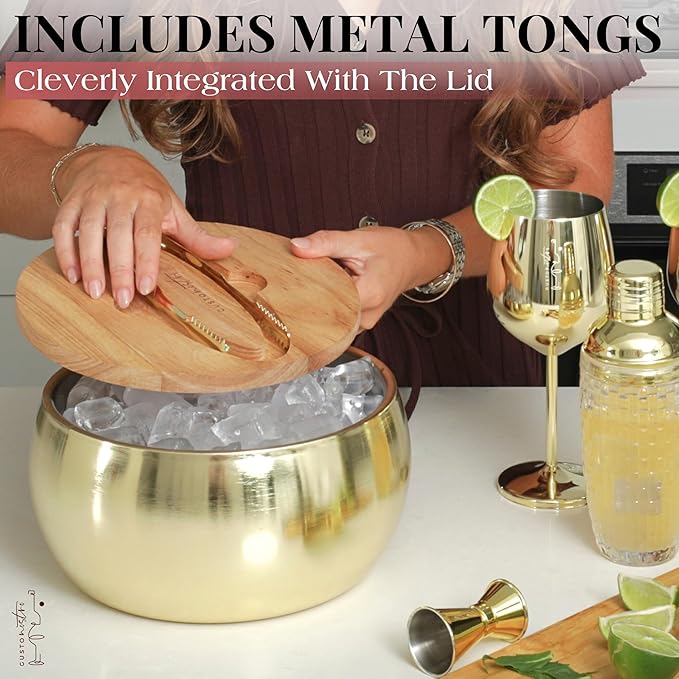 Gusto Nostro 4.1L Insulated Ice Bucket with Lid and Tongs, Double Wall Stainless Steel Ice Bucket Large, BPA Free Ice Bucket for Cocktail Bar, Keeps Champagne, Wine, Beer Chill for Parties (Gold)