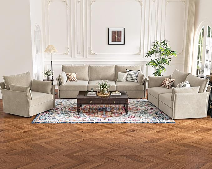 135.5" Oversized Modular Sectional Sofa, L Shaped Convertible Couch with Movable Ottoman, 5 Seat Corner Couches for Living Room Deep Seat Beige Chenille