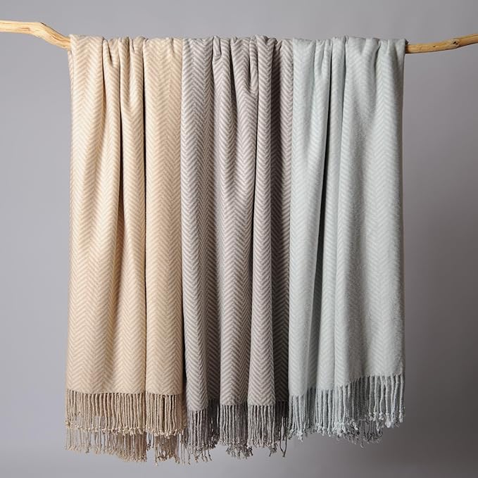CUDDLE DREAMS Silk Throw Blanket with Hand-Knotted Fringe, Natural, Soft & Breathable (Herringbone-Taupe)