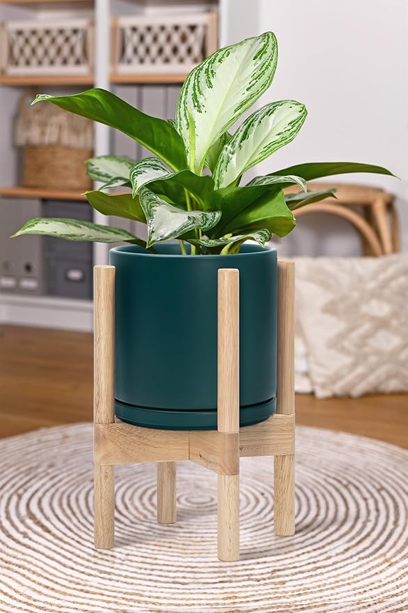 D'vine Dev Ceramic Planter with Natural Stand - 8 Inch Modern Round Flower Pot with Wood Planter Holder, Teal, 55-B-N-4