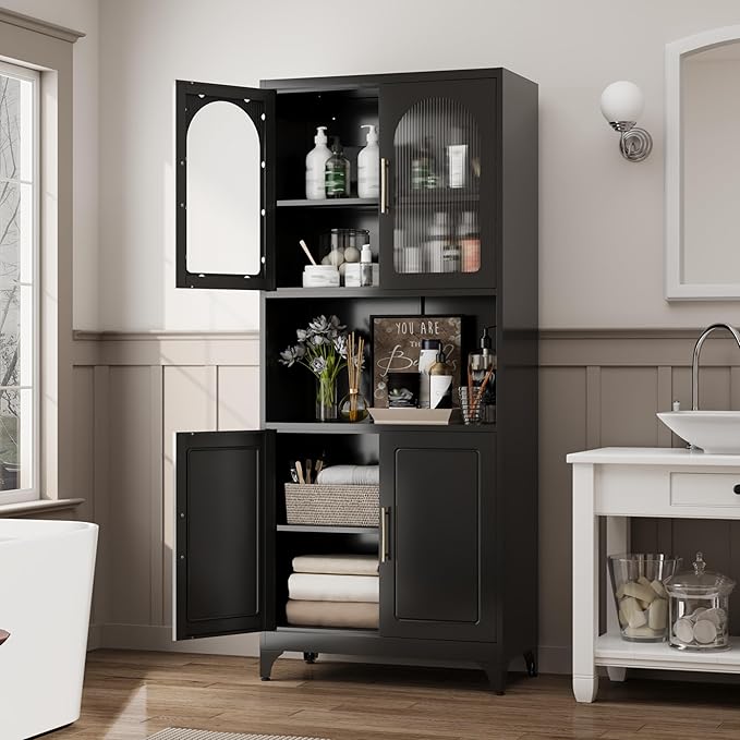 75" Tall Kitchen Pantry Cabinet, Metal Storage Cabinets with Acrylic Doors and Adjustable Shelves, Hutch Cabinet with Storage, Black Microwave Stand Cabinets for Dining Living Room