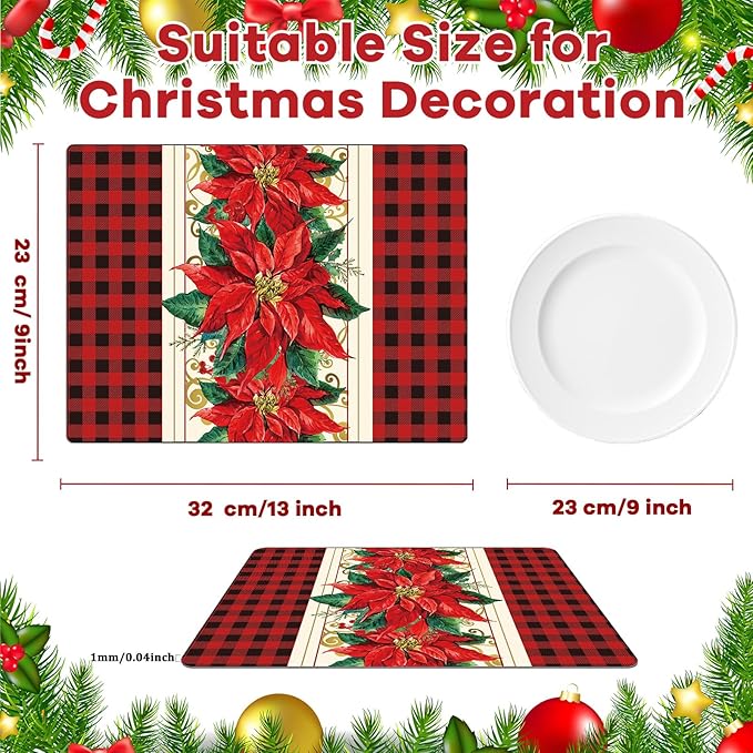Christmas Poinsettia Placemats Set of 6 Red Watercolor Poinsettia Plastic Table Mats Christmas Xmas Red Flower Place Mats Winter Holiday Table Decoration for Indoor Outdoor Party Kitchen Dining