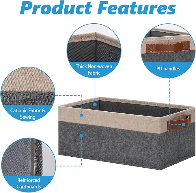 GhvyenntteS Small Fabric Storage Bins 12 Pack, 11.8" x 7.87" x 5.11" Storage Basket with Leather Handles, Closet Storage Bins for Shelves, Storage Baskets for Shelves, DVD Storage (Grey&Beige Yellow)