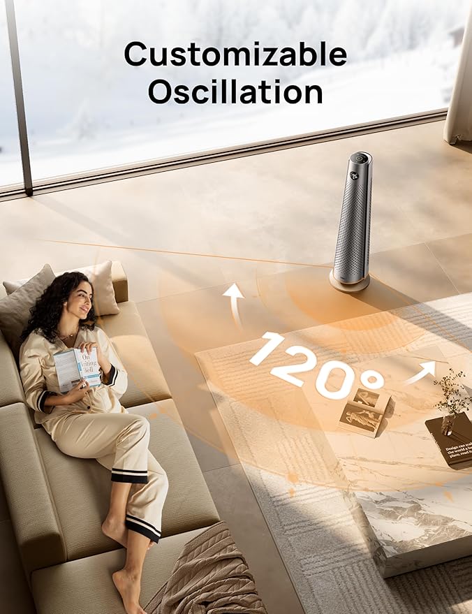 Dreo Space Heater Indoor, 30" Electric Heaters with Remote, 120° Oscillation, Adjustable Thermostat, 5 Heat & 3 Fan levels, 8 Safety Protections, 25dB Quiet, 1-12H Timer, Large Room Bedroom, Silver