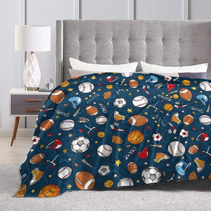 Baseball Football Basketball Sport Theme Throw Blanket 50x40 Inch Soft Fleece Blanket Men Women Gift for Kids Boys Girls for Party Couch Sofa Bed Deco Blankets