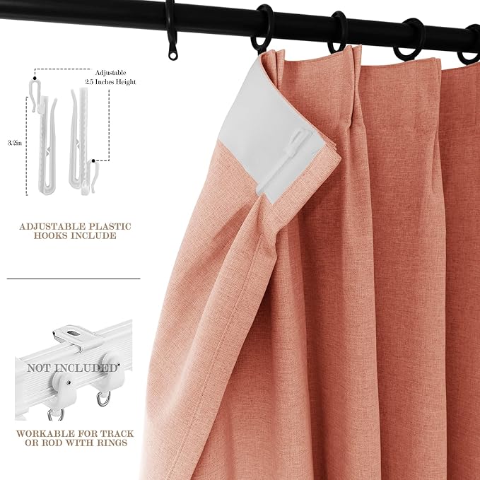 70" W x 108" L Faux Linen Room Divider Curtains, Full Blackout Pinch Pleated Drapes for Traverse Rod, Bedroom Divider Privacy Drapery with Hooks for Ceiling Track, 1 Panel, Orange