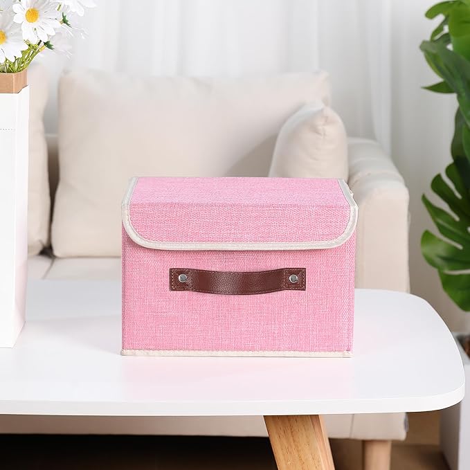 ANMINY 4PCS Storage Bins with Lid PU Leather Handles Storage Boxes PP Plastic Board Decorative Foldable Lidded Cotton Linen Fabric Home Cubes Baskets Closet Organizer Containers - Pink, Small Size