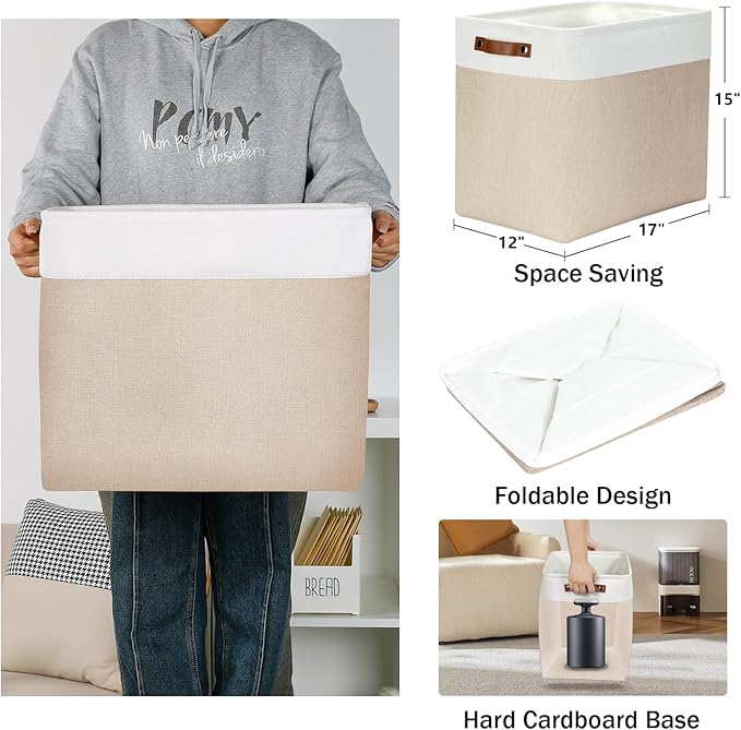 DULLEMELO Large Storage Baskets for Organizing, Canvas Storage Bins Big Baskets With Handles for Shelf Clothes Empty Gift Basket (White&Khaki)
