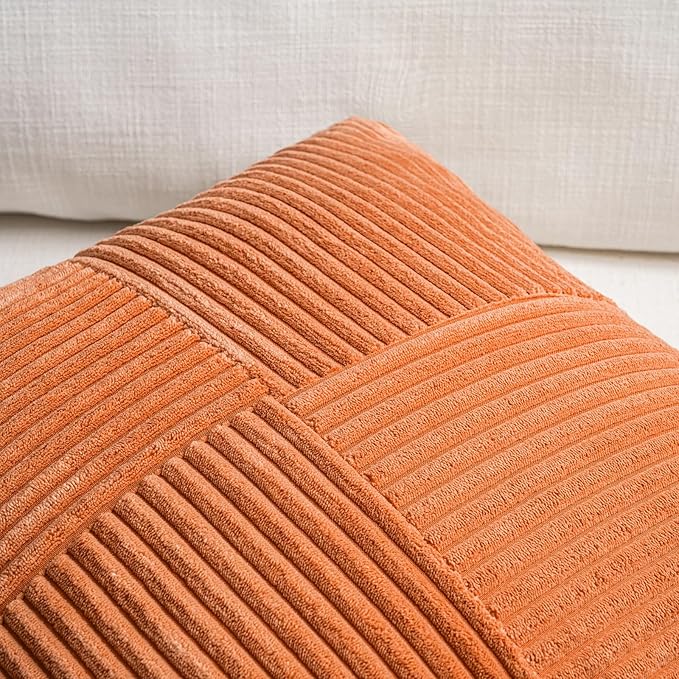 Fancy Homi 2 Packs Orange Long Lumbar Decorative Throw Pillow Covers 16x24 Inch for Couch Bed Sofa, Rustic Farmhouse Boho Home Decor, Soft Striped Corduroy Rectangle Accent Cushion Case 40x60 cm