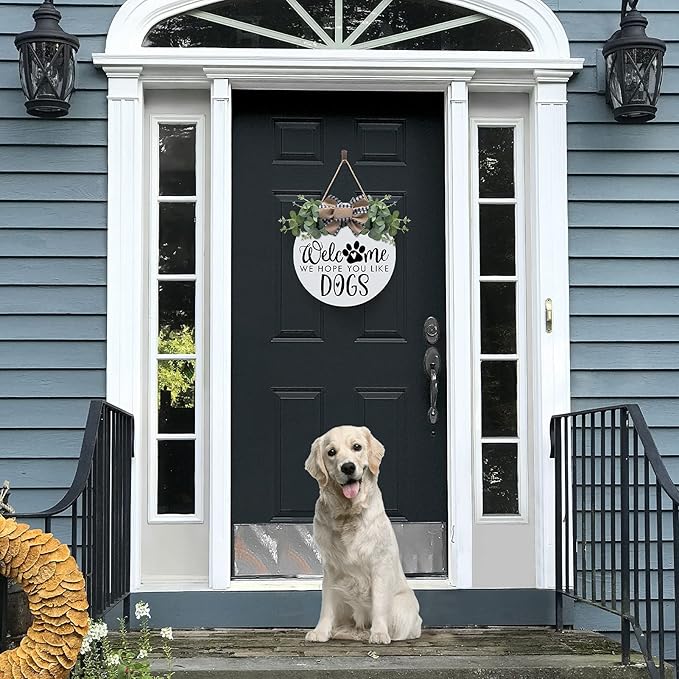 Asoulin Welcome Wreath 'We Hope You Like Dogs' Spring Decor Farmhouse Door Sign for Front Door Decor - Welcome Wreath Hanging Sign for Dogs Lovers Housewarming Gift
