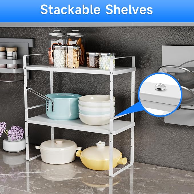 Expandable Cabinet Shelf Organizer, Stackable Kitchen Pantry Counter Storage, Adjustable Closet Cupboard Stand Rack Risers Spice Organization 80LBS Heavy Duty White 3 Pack