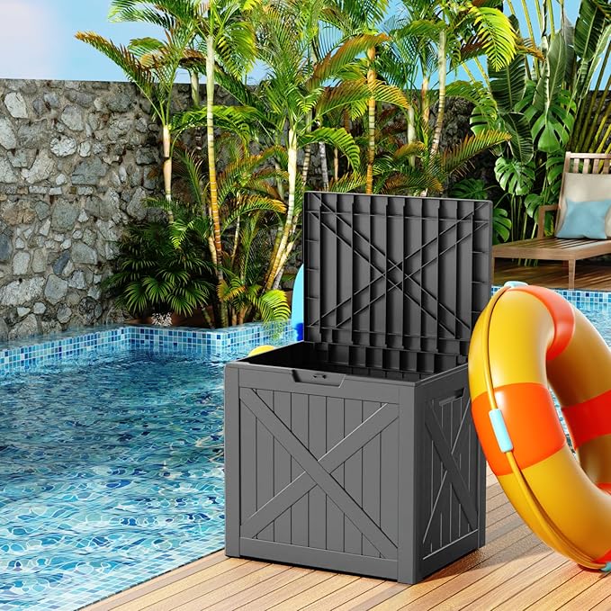 38 Gallon Outdoor Deck Box,Storage Lockable Waterproof Patio Furniture,Garden Tools,Cushions,Pool Accessories Outside Storage Resin Box(BlackX)