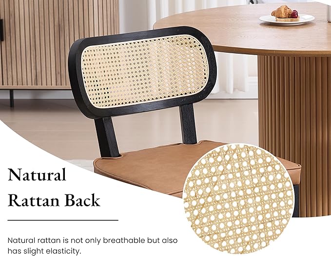 EALSON Mid Century Modern Rattan Dining Chairs Set of 2 Farmhouse Black Wood Kitchen Chairs with Cane Back Leather Upholstered Accent Armless Chairs for Dining/Living Room Restaurant, Brown