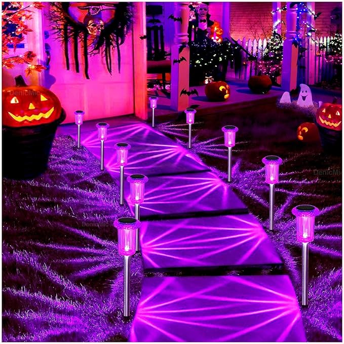 DenicMic Halloween Solar Lights Outdoor 15 Pack Purple LED Waterproof Yard Garden Patio Backyard Pathway Walkway Landscape Lawn Outside Halloween Decorations Outdoor