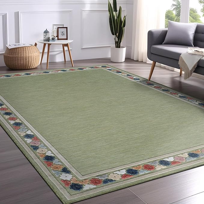 Beverly Rug Outdoor Rug 8x10 Modern Bordered Area Rugs for Indoor and Outdoor Patio Easy to Clean Non Shedding Living Room Porch Garden Washable Outside Carpet (8 x 10 Green)