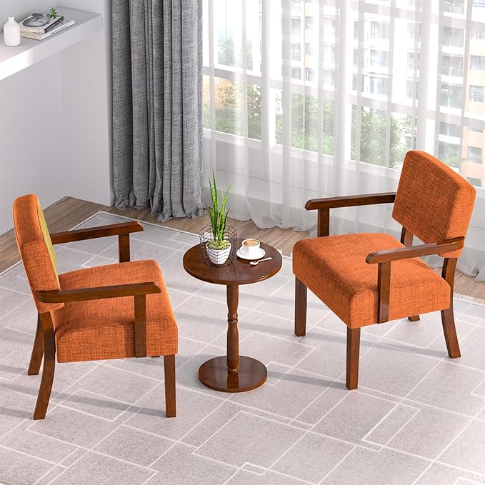 Accent Chair Set of 2 with Table, Living Room Chairs with Soft Seat and Armrests for Living Room Bedroom Reading Room Waiting Room (Orange), Linen, AC01
