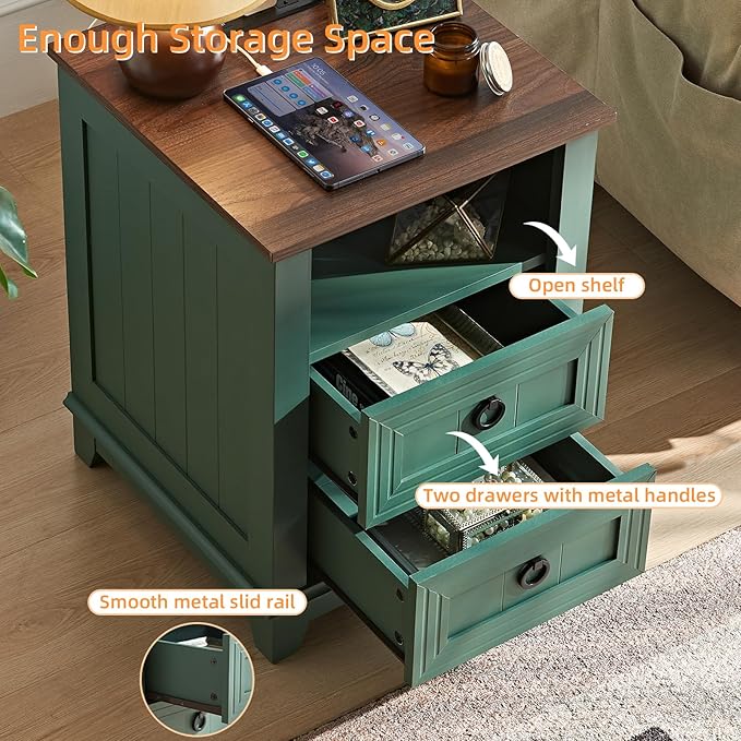 18" Farmhouse Night Stands Set of 2 with Charging Station, 2 Drawers Bedside End Table, Green Wooden Nightstand, Bed Side Table Cabinet with Open Shelf for Bedroom Living Room Office