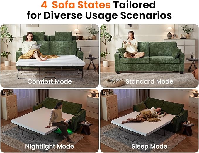 CHIC HOUSE Pull Out Sofa Bed, Full Size Sleeper Sofa, 2-in-1 Convertible Corduroy Couch with USB Charging, Memory Form Couch for Living Room, Apartment and Small Space (Green, Chenille - Queen Size)