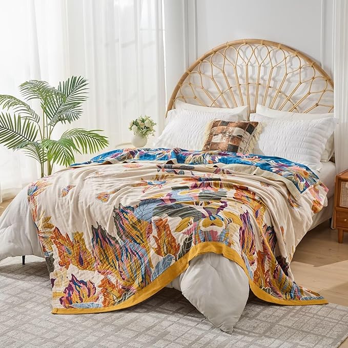100% Cotton Boho Throw Blanket, King Size Living Room Reversible Fall Throw Blanket, Boho Floral Bird Colorful Retro Quilt Ultra Soft Reversible Gauze Blanket for All Season, 90"x98"