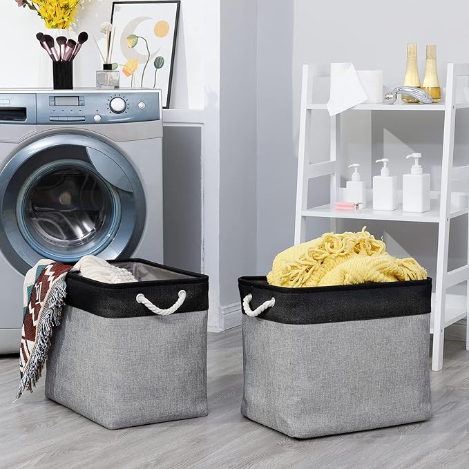 Bidtakay Storage Baskets Extra Large Baskets for Organizing Grey Rectangle Laundry Basket Linen Fabric Bins Set of 2 Clothes Baskets for Closet Shelves Hallway Bedroom Toy Organizer 17x12x15 In