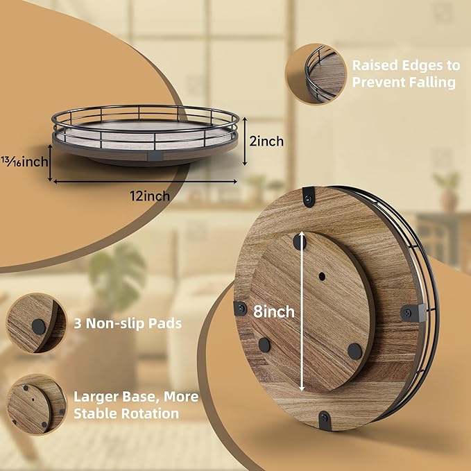 Acacia Wood 12" Lazy Susan Turntable Organizer for Table Top, Farmhouse Round Wooden Lazy Susan for Cabinet Kitchen Centerpieces Coffee Table, for Condiments Spices, Bathroom Vanity Tray Decor