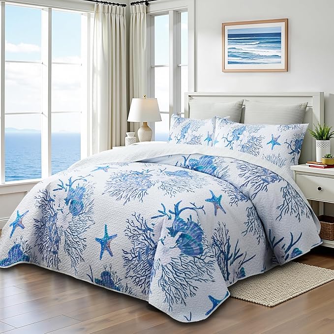 Coastal Bedding King Size Coastal Quilt with Sham, Nautical Beach Comforter Sets Ocean Bedspreads Blue Starfish Coverlet Summer Bedding, 68''x86''