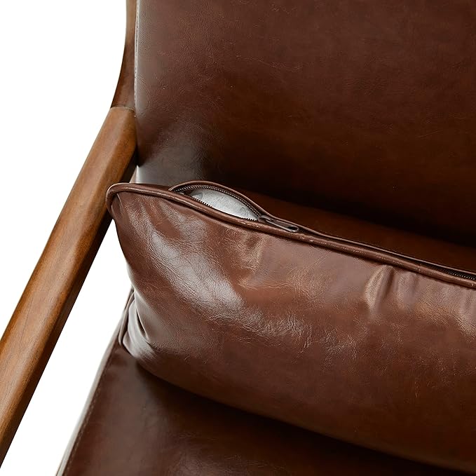 Glitzhome 30.75 "H Mid Century Coffee Accent Armchair, Single Reading Armchair PU Leather Lounge Chair with Walnut Ruberwood Frame
