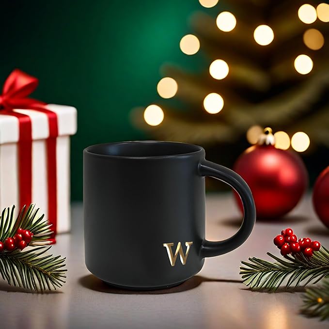 COLLECTIVE HOME - Black Monogram Ceramic Mugs, 15 oz Golden Initial Coffee Cups, Elegant Alphabet Tea Mugs, Personalized Halloween Mug with Gift Box, Perfect for Office and Home Décor (w)