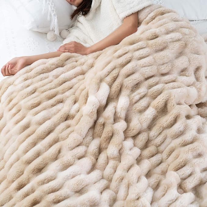 BATTILO HOME Ruched Luxury Faux Fur Throw Blanket Beige Tie-dye Rabbit Fur Blanket for Couch, Living Room, Fuzzy, Soft, Plush, Cozy, Elegant with Reversible Mink Blanket Beige, 60"x80"