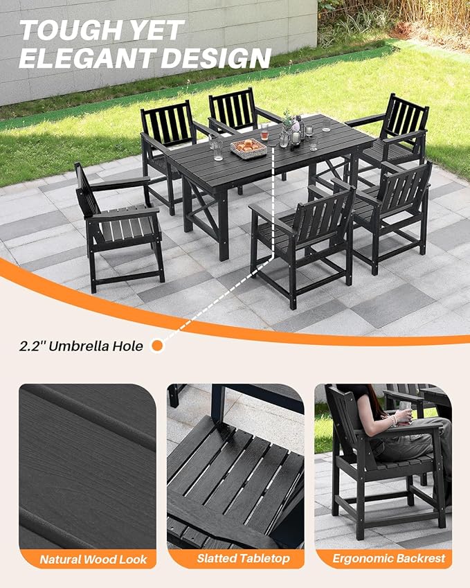 7 Pieces HDPE Outdoor Dining Set, Patio Dining Set with Umbrella Hole, All Weather Outdoor Dining Table Sets for 6, HDPE Patio Furniture Sets for Deck, Backyard, Lawn, and Poolside, Obsidian