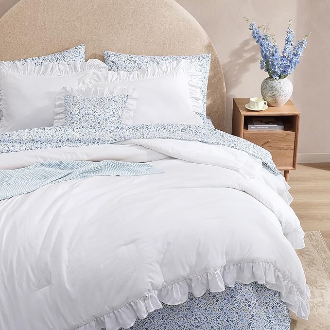 Full Comforter Set - 7 Pieces Ruffle White Bedding Sets, Shabby Chic Farmhouse Bed in a Bag Full with Ruffle Comforter, Floral Sheets, Pillowcases & Shams