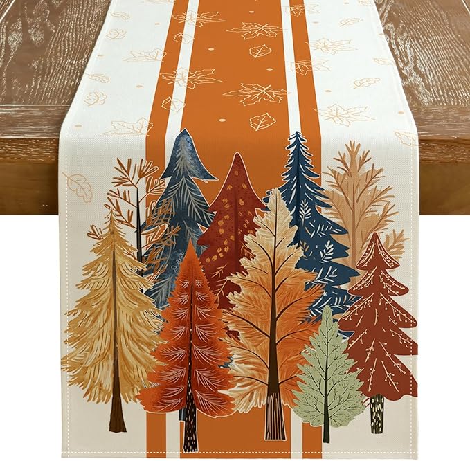 GEEORY Fall Watercolor Trees & Maple Leaves Striped Table Runner 13x108 Inch, Rustic Farmhouse Autumn Thanksgiving Decor for Kitchen, Dining, Indoor/Outdoor Holiday Dinner Party Orange GT157-108