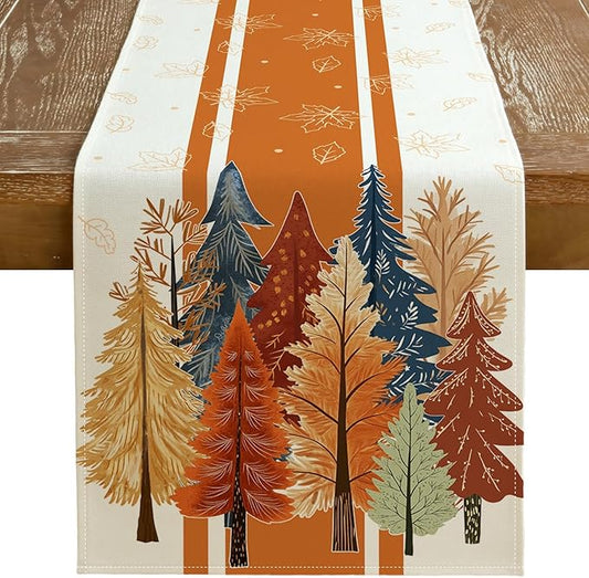 GEEORY Fall Watercolor Trees & Maple Leaves Striped Table Runner 13x72 Inch, Rustic Farmhouse Autumn Thanksgiving Decor for Kitchen, Dining, Indoor/Outdoor Holiday Dinner Party Orange GT157-72