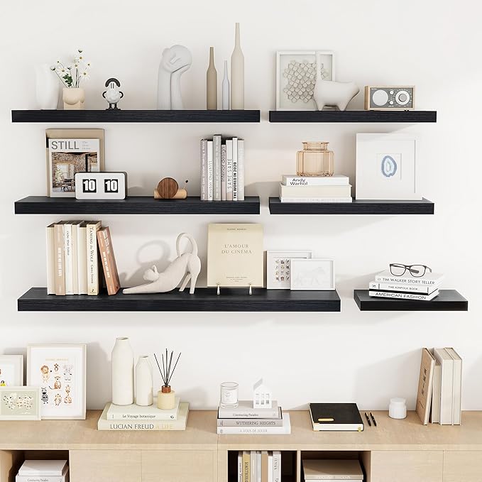 55 Inch Floating Shelves, 55"x9.25"x1.5" Inch Deep Floating Shelves for Wall, Wooden Shelves for Bathroom, Bedroom, Living Room, Black