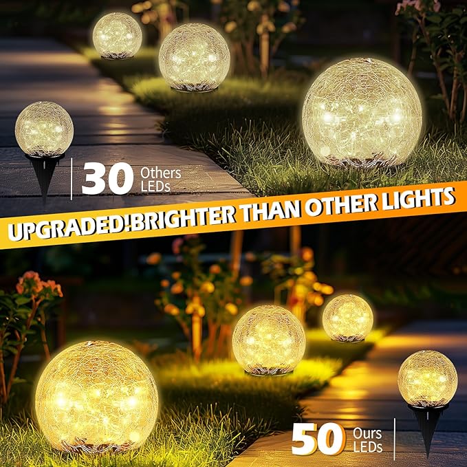 Garden Solar Ball Lights Outdoor Waterproof, 50 LED Cracked Glass Globe Solar Power Ground Lights for Path Yard Patio Lawn, Christmas Decoration Landscape Warm White(2 Pack 4.7'')