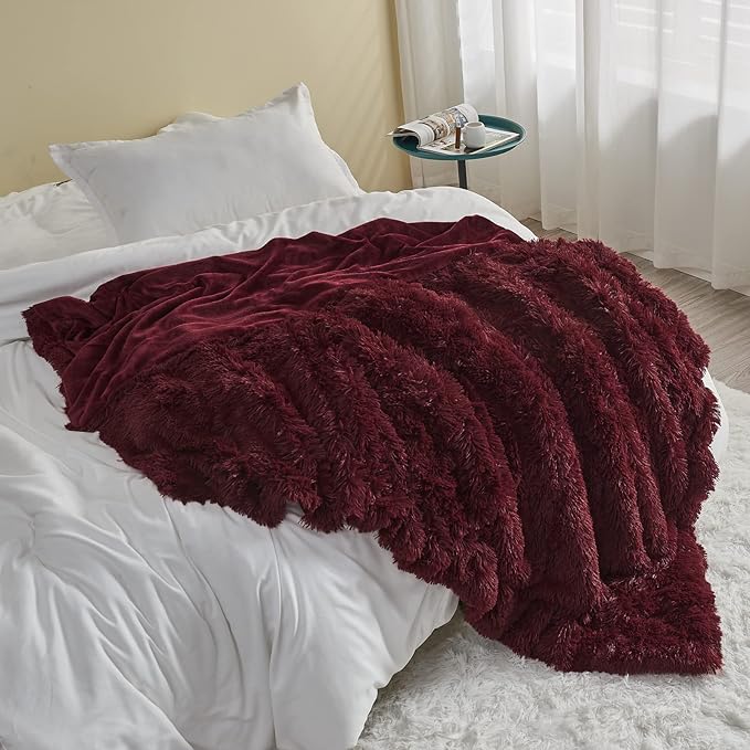 GONAAP Fuzzy Faux Fur Throw Blanket Twin Size Wine Red Super Soft Cozy Plush Fuzzy Shaggy Blanket for Couch Sofa Bed (Wine Red, Twin(60"x80"))